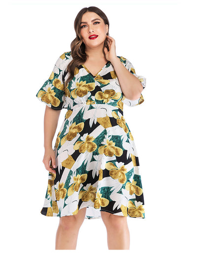 Casual V Neck Ruffle Dress Short Sleeve Printed Wholesale Plus Size Clothing