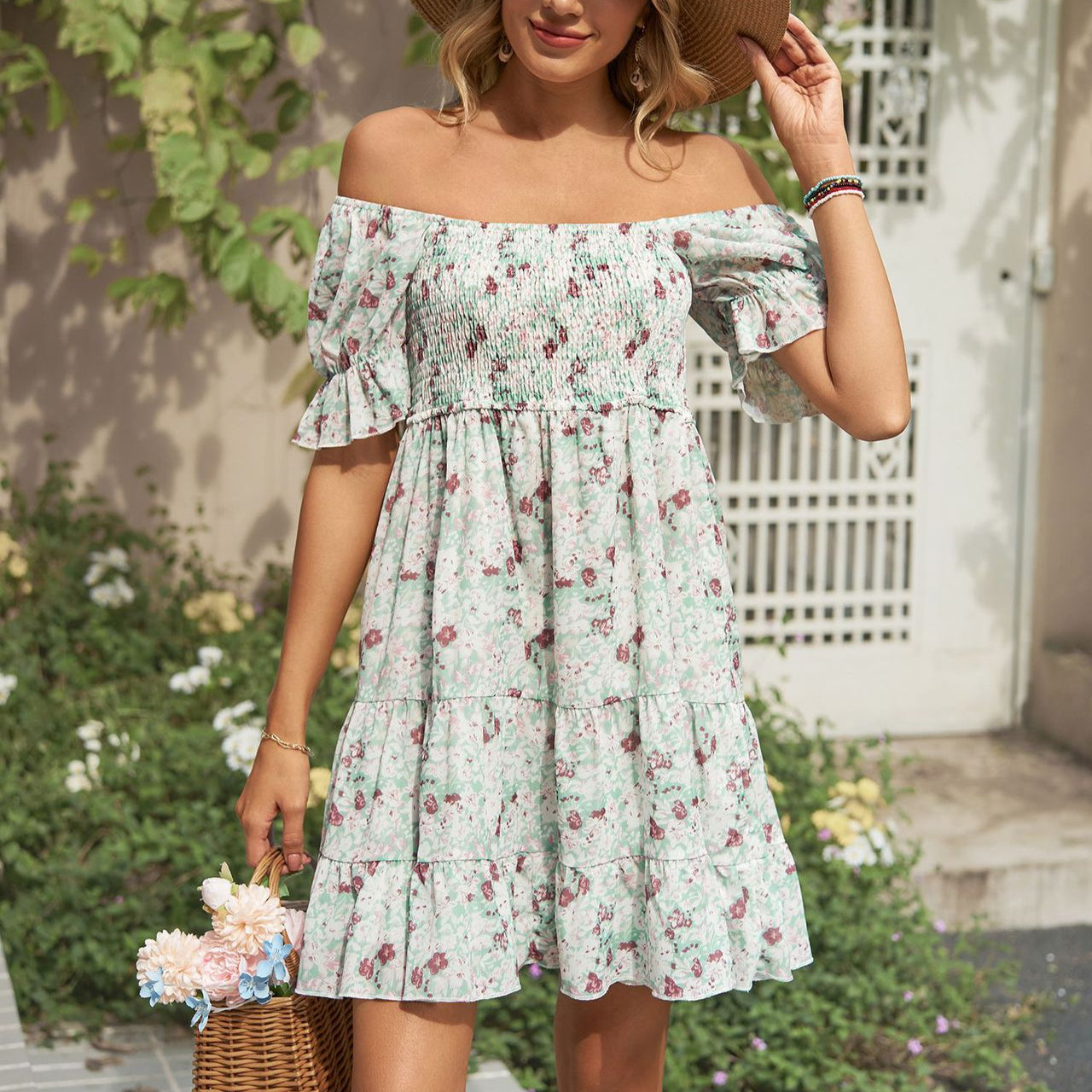 Square Neck Floral Print Chiffon Short-Sleeve Swing Dress Wholesale Dresses