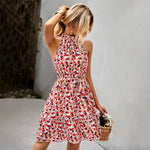 Sleeveless Floral Printed Halter Neck Tie-Up Waist Ruffled Dress Vacation Wholesale Dresses