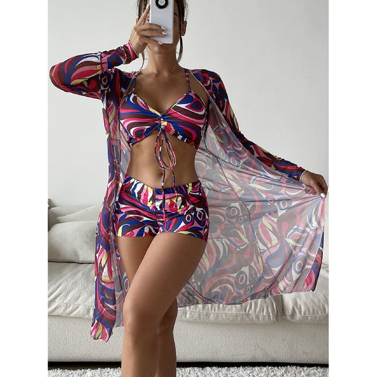 Three-Piece Printed Long-Sleeved Blouse Approved Boxer Bikini Set Wholesale Women'S Clothing