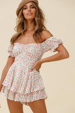 Off Shoulder Printed Puff Sleeve Tube Top Sexy Ruffles Tie-Up Womens Short Jumpsuits Wholesale Rompers