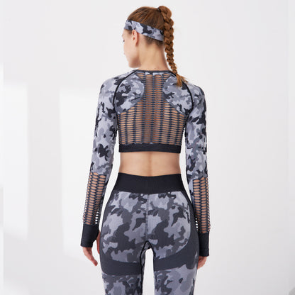 Ladies Hollow Long-Sleeved Crop Top & Leggings Set Yoga Set Camouflage