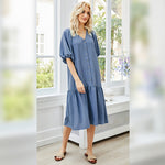 Lantern Sleeve Solid Color V Neck Button Wholesale Pleated Swing Dresses