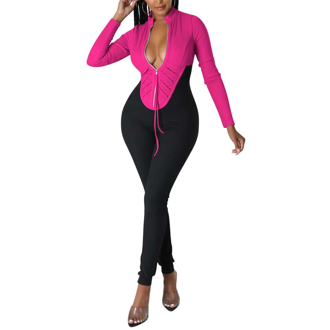 Colorblock Low-Cut Zip Bodycon Women Jump-Suit Wholesale Jumpsuits