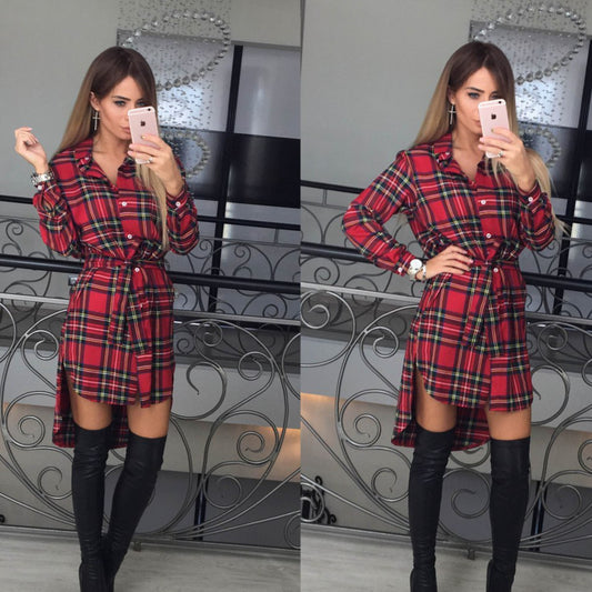 Fashion Tie-Up Waist Long Sleeve Plaid Christmas Shirtdress Wholesale Shirt Dresses