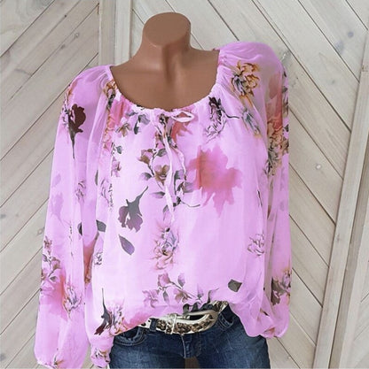 Casual Loose Chiffon Sexy Off Shoulder Floral Tops Lace-Up Wholesale Womens Long Sleeve T Shirts