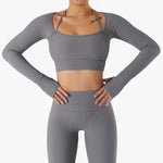 Women Long Sleeve Low Cut Solid Color Active Tops Wholesale Yoga Running Crop Tops