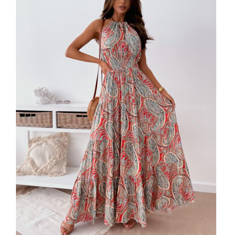 Sleeveless Halter Neck Bohemian Wholesale Floral Maxi Dresses Big Swing