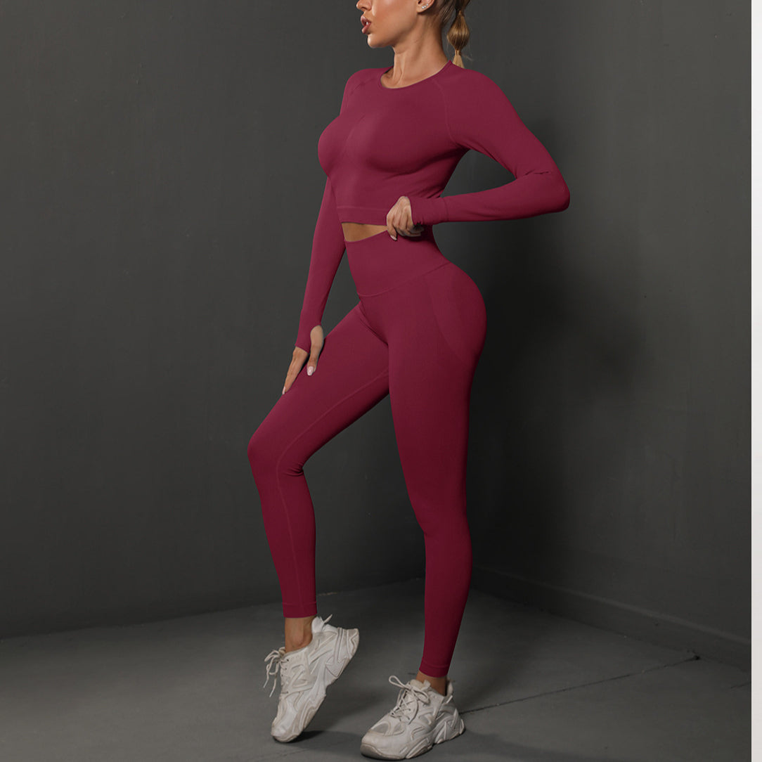 Seamless Knitted Pleated Tight Yoga Exercise Running Fitness Long Sleeve Leggings Suit Wholesale Women Clothing