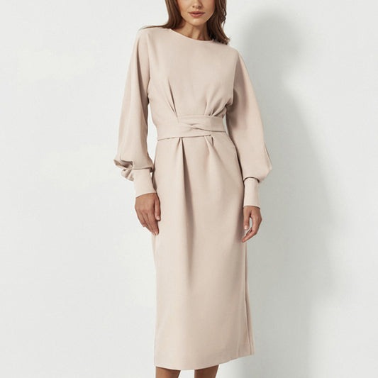 Niche Solid Color Long-Sleeved Commuter Tie Midi Dress Wholesale Dresses