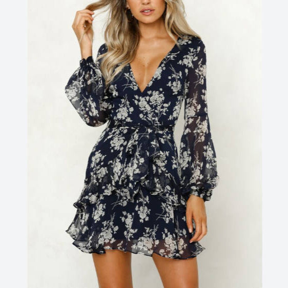 Fashion Floral Print Deep-V Ruffled Dress Wholesale Dresses