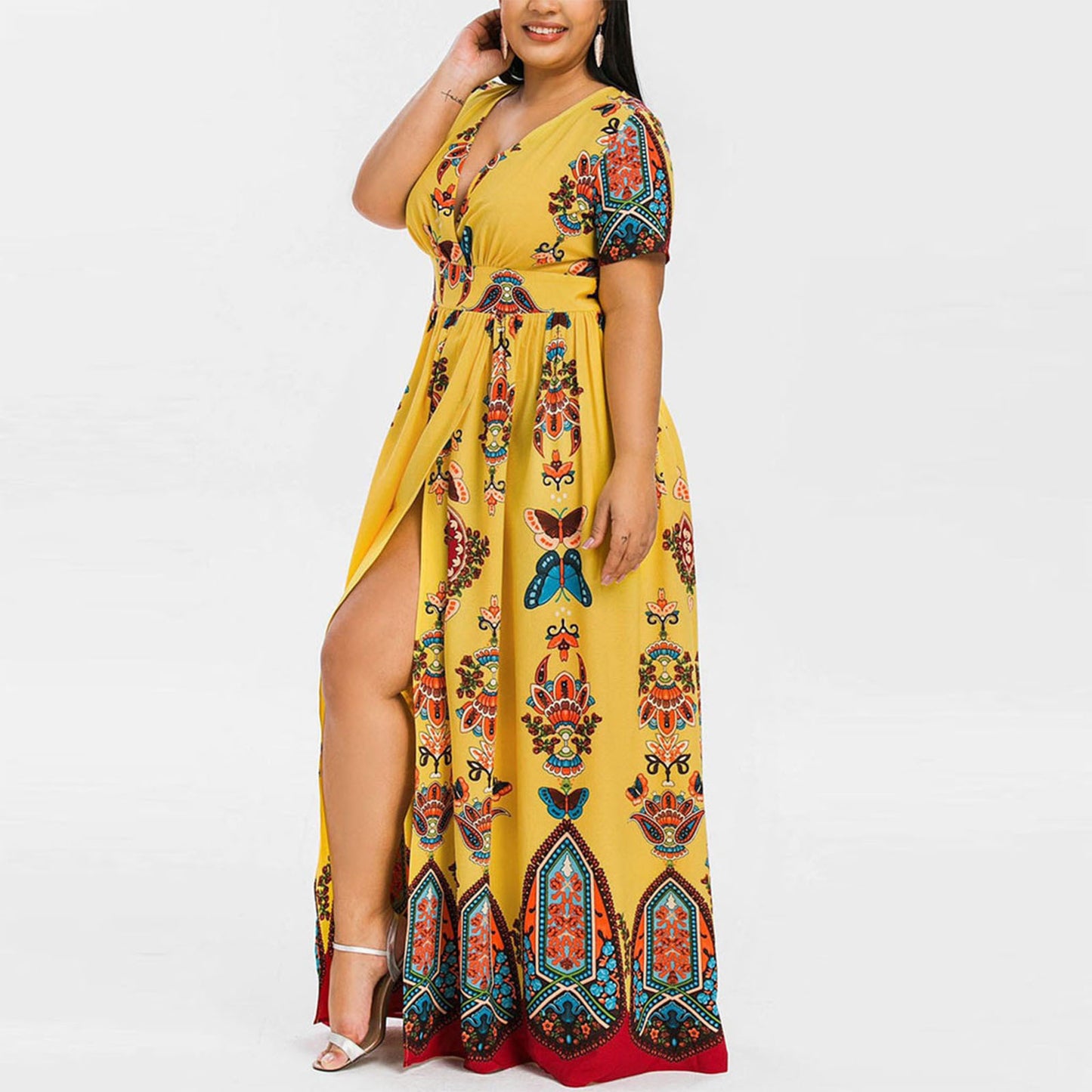 Printed Women Curvy Slit Maxi Dresses Wholesale Plus Size Clothing