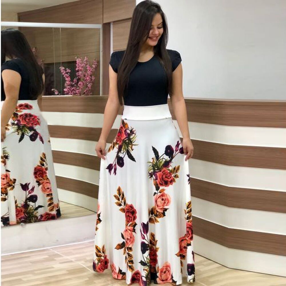 Fashion Printed Wide Hem Full Skirt Short Sleeve Wholesale Maxi Dresses Casual