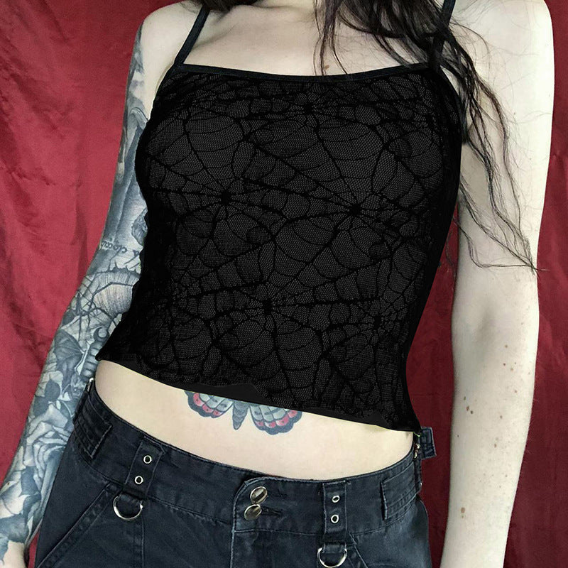 Dark Personality Street Slim Spider Web Hit Color Suspenders Crop Tops Wholesale Women Tops