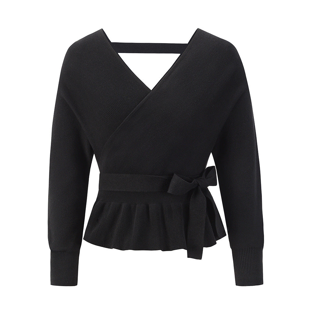 V-neck long-sleeved Backless Ruffled Hem Strappy Waist sweater