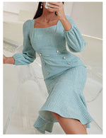 Plaid Square Neck Button Long Sleeve Ruffled Slim Dress Wholesale Dresses
