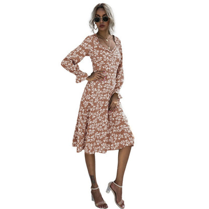 Floral Print Puff Long Sleeve V Neck Wholesale Swing Dresses