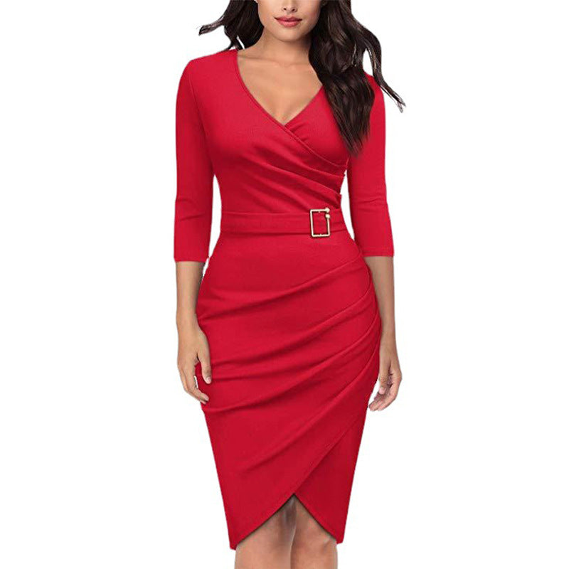 Elegant Bag Hip Solid Color Wrap Business Dress With Belt Wholesale Dresses