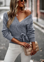 Casual V-Neck Long Sleeve Solid Color Lace-Up Wholesale Sweaters