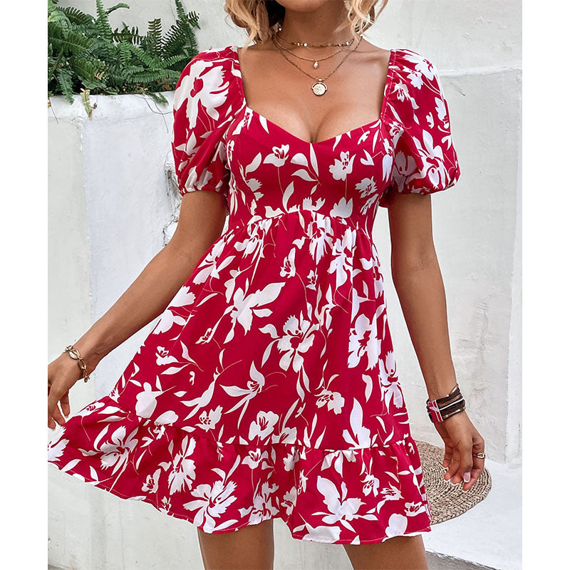 Sexy Open Back Retro Puff Sleeve Square Collar Printed Doll Dress Wholesale Dresses