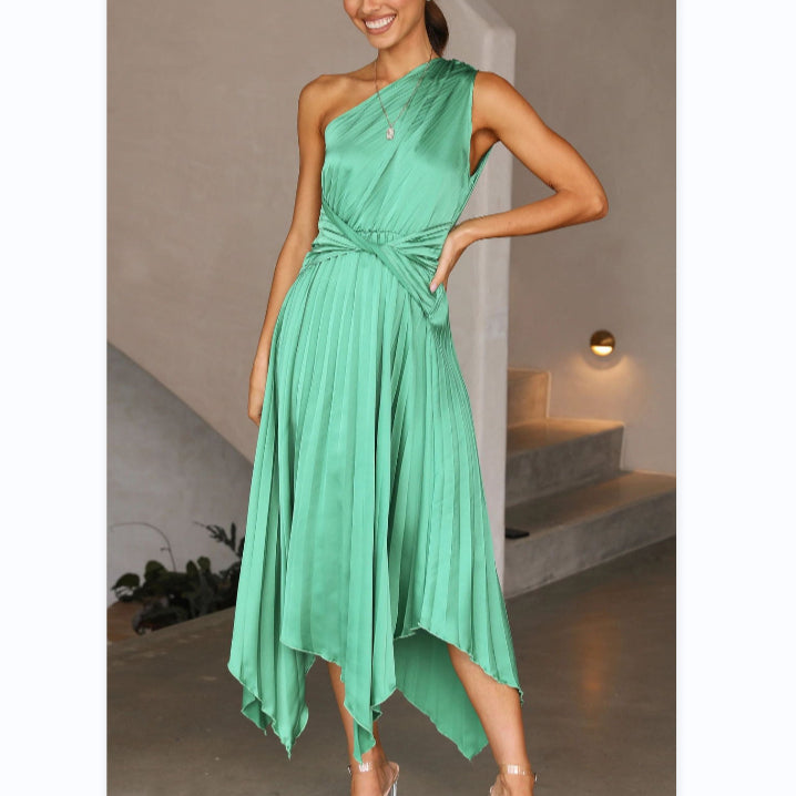 One Shoulder Midi Irregular Pleated Satin Dress Wholesale Dresses