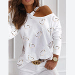 Heart Printed Halter Neck Off Shoulder Fashion Casual Long Sleeve Wholesale Blouse Womens T-Shirts