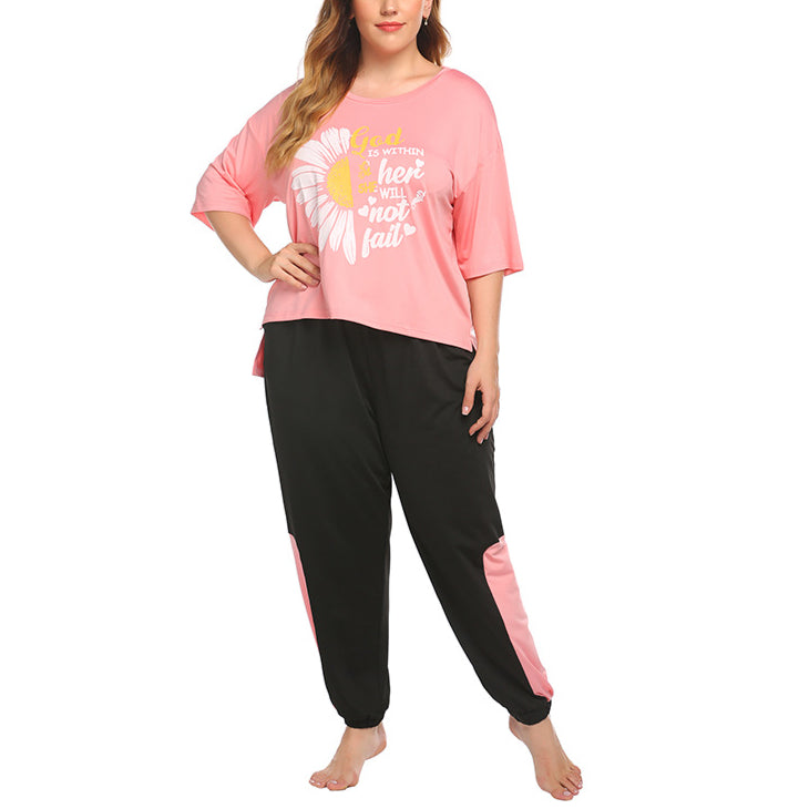 Daisy Print T-Shirt & Trousers Pajamas Sets Wholesale Plus Size Clothing