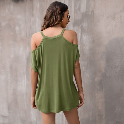 V-Neck Solid Color Off-Shoulder Loose Summer Womens Tops Casual Wholesale T-Shirts