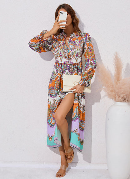 Fashion Printed Single-Breasted Long-Sleeve Shirt Dress Wholesale Dresses