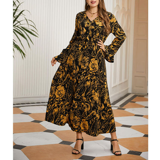 Floral Print Long Sleeve V Neck Tie Waist Wholesale Plus Size Dresses