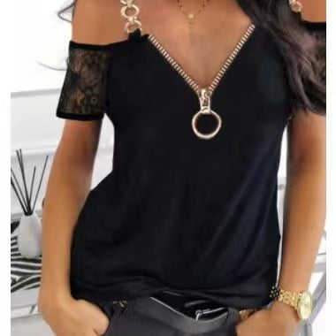 Sexy Off-Shoulder Chain Camisole Tops V-Neck Zipper Womens T Shirts Wholesale