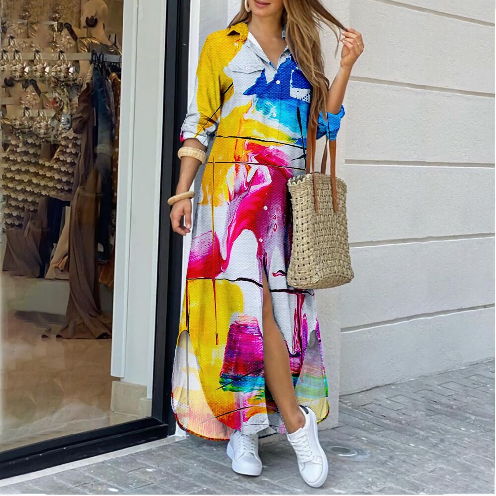 Long Sleeve Fashion Printed Shirtdress Slit T Shirt Maxi Dress Wholesale Casual Dresses