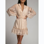 Single-Breasted Plain Lantern Sleeve Neck Nipped Waist Ruffle Dress Retro Wholesale Dresses