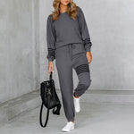 Striped Print Long Sleeve Tops Drawstring Pants Wholesale Activewear Sets For Women