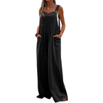 Plain Color Strappy Sleeveless Wide Leg Casual Loose Cotton Linen Wholesale Jumpsuits with Pockets
