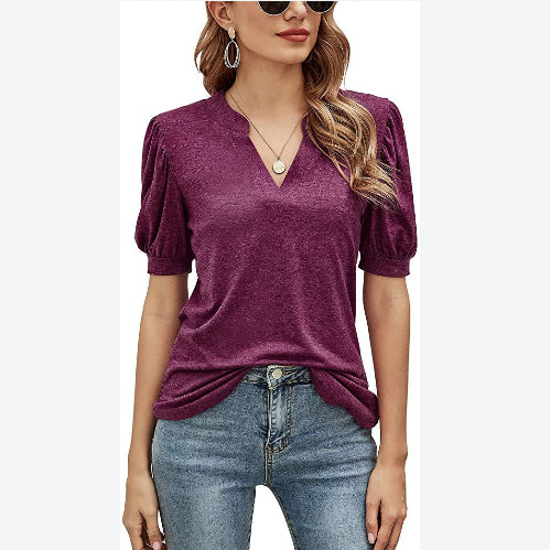 Women Fashion V Neck Short Sleeve Plain Wholesale T-shirts Blouses Summer