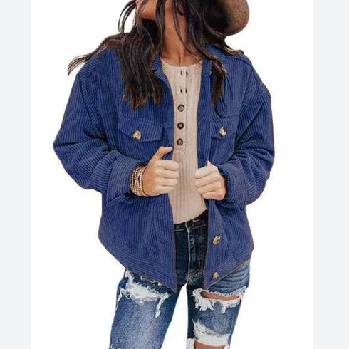 Plain Corduroy Pocket Women Jacket