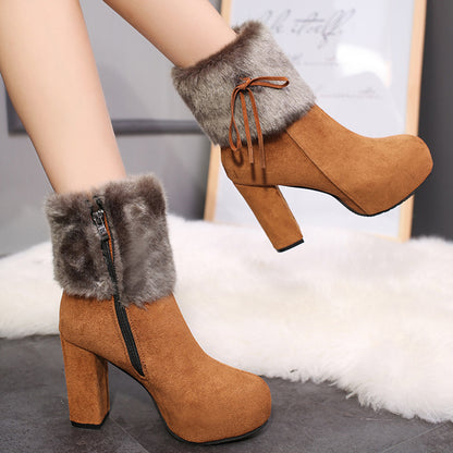 Winter Shoes Women Square High Heels Fur Warm Boots