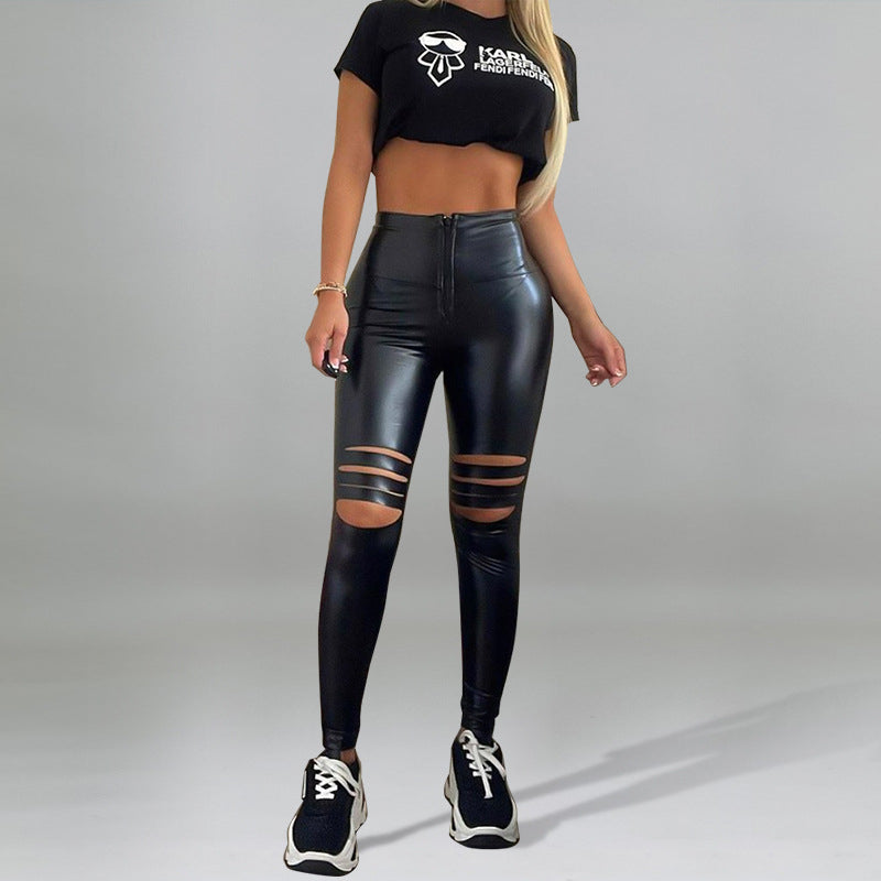 Solid Color Sexy Ripped Leather Pants Wholesale Womens PU Trousers