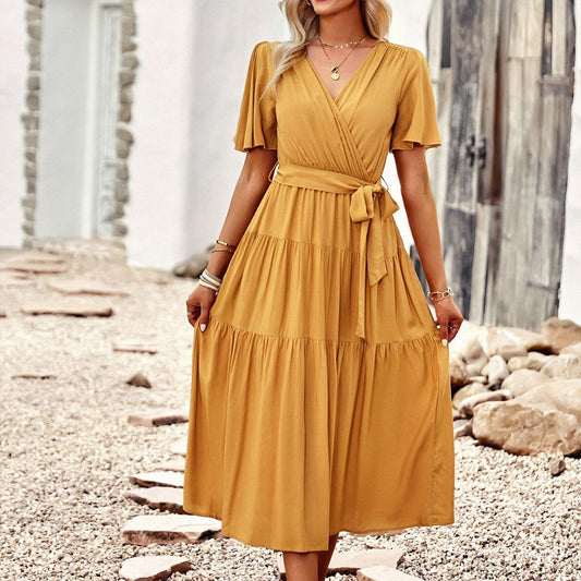 Wrapped Solid Color Long Swing Smocked Dress Wholesale Dresses