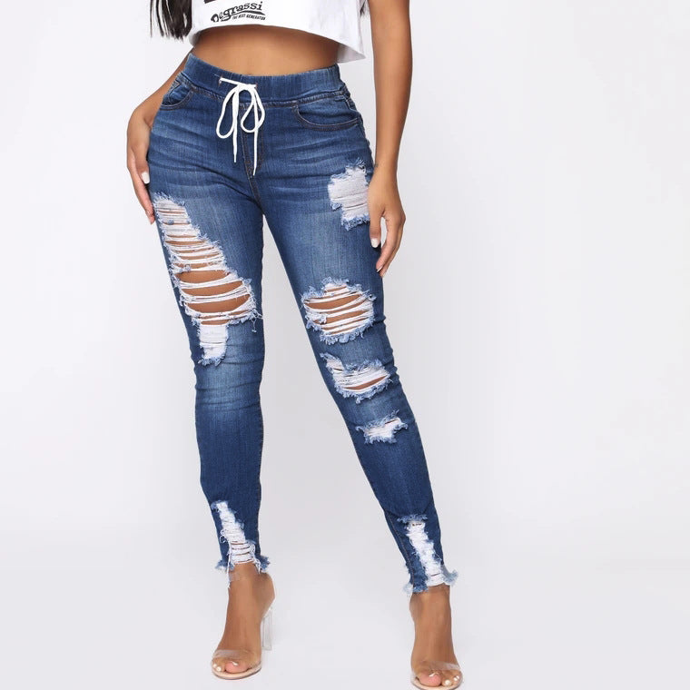 Sexy Ripped High Waist Jeans Pants Drawstring Slim Wholesale Denim Pants