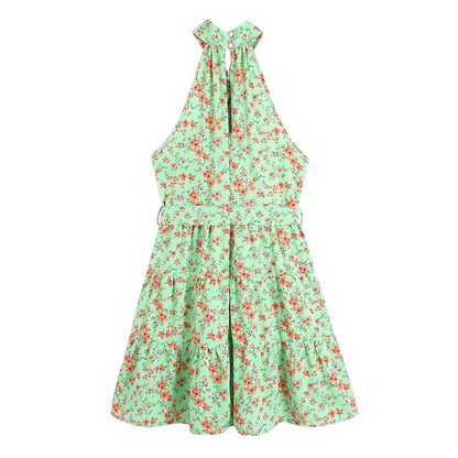 Sleeveless Floral Print Halterneck Tie Waist Wholesale Swing Dresses For Women