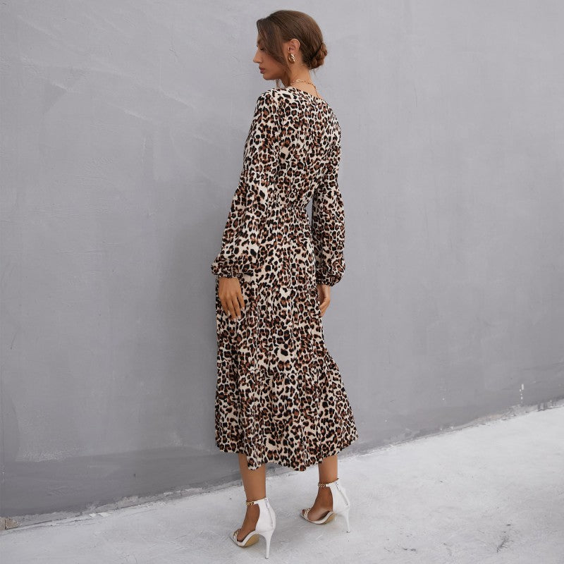 Buttons Trim V Collar Leopard Print Women Dress Wholesale