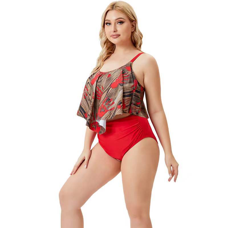 Fashion Printed Split Bikini Sling Ruffles Curve Swimsuits Plus Size Swimwear Wholesale Vendors