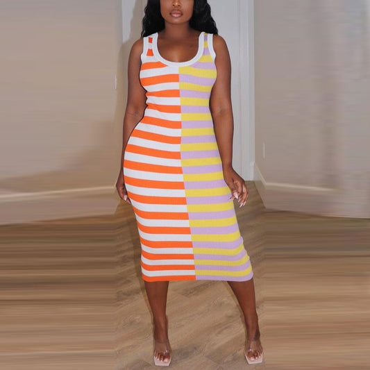 Sexy Striped Midi Dress Sleeveless Bodycon Crew Neck Wholesale Dresses