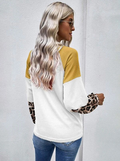 Leopard Print Stitching Fashion Waffle Long Sleeve Pullovers Casual Wholesale Blouse Womens T Shirts