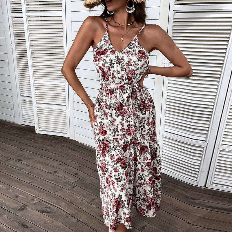 Floral Print Spaghetti Strap Sleeveless Tie Waist Wholesale Swing Dresses For Women