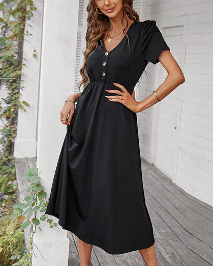 Casual V Neck Midi Dress Short Sleeve Slim Solid Color Swing Wholesale Dresses