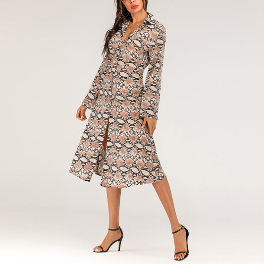 Lapel-Collar Snakeskin-Print Fitted Long-Sleeve Shirt Dress Wholesale Dresses