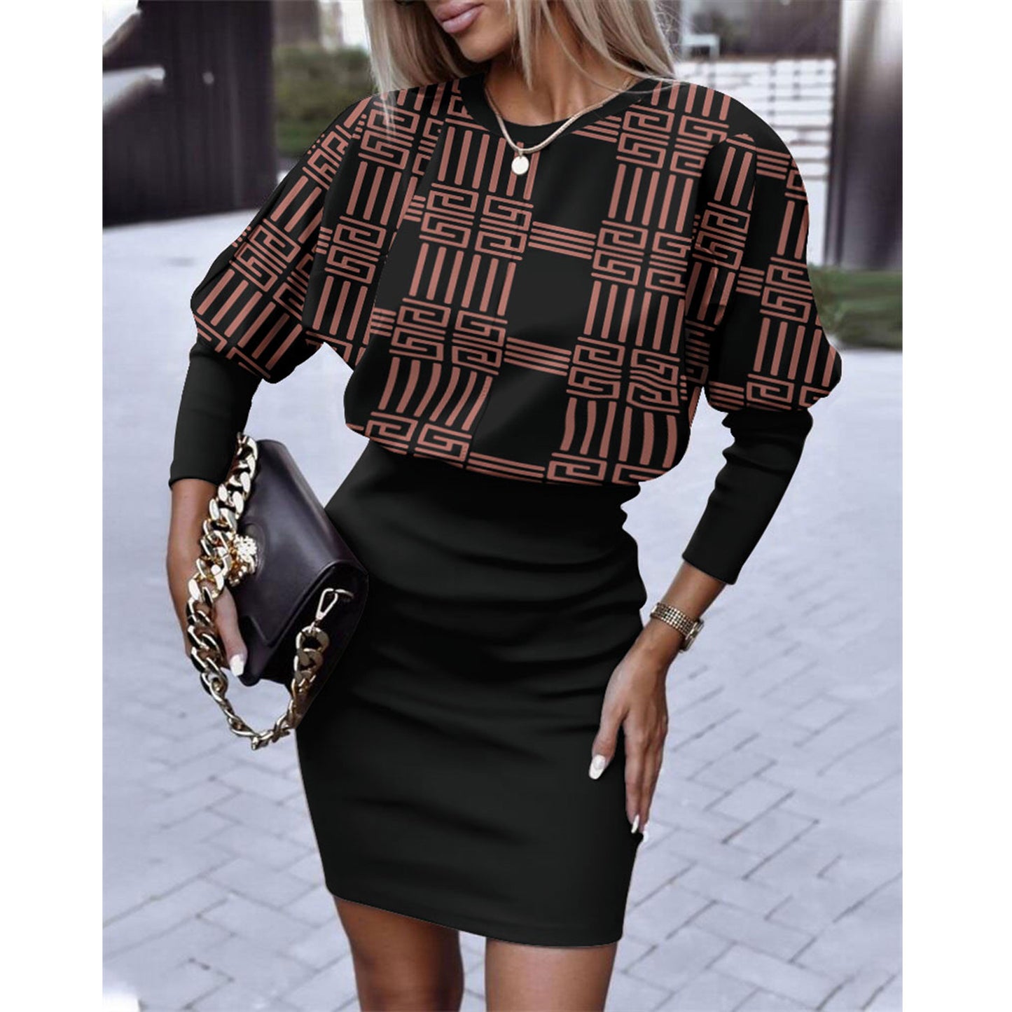 Printed Round Neck Long Sleeve Sexy Dress Wholesale Dresses